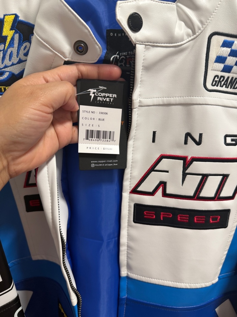 Team Racing Blue White Patchwork Motorcycle Jacket - Picture 2 of 5